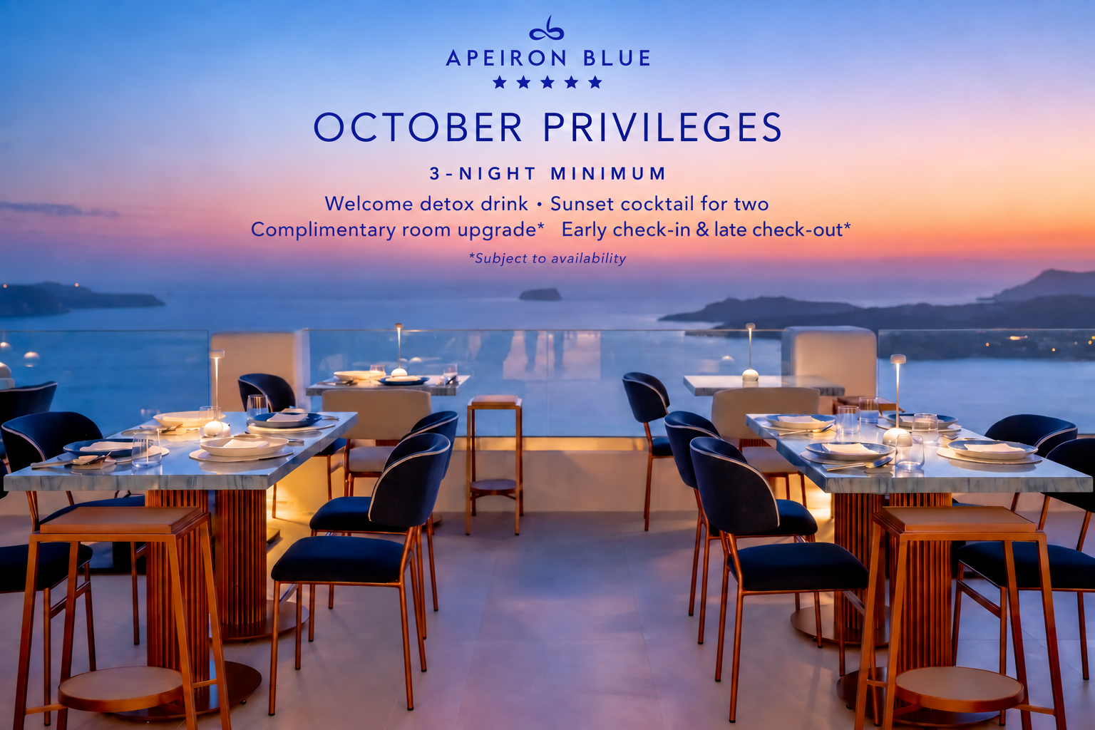 Apeiron Blue October Privileges — three-night minimum, welcome detox drink, sunset cocktail for two, room upgrade, and early check-in and late check-out